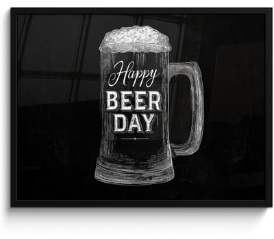 Poster in lijst - Fotolijst 80x60 cm - Posters - Bierpul - Witte krijtletters - Happy beer day - Posterlijst zwart - Decoratie - Wanddecoratie woonkamer - Muurdecoratie slaapkamer