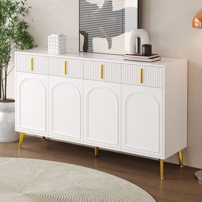 BLACKCOLORS Sideboard met gouden handgrepen en poten, 4 deuren, 4 lades, met uitneembaar laminaat, geschikt voor woon- en eetkamer, 140*37,8*82 cm.
