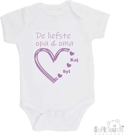 100% katoenen Romper "De liefste opa & oma met de namen van 2 kleinkinderen" Meisjes Katoen Wit/lila Maat 62/68