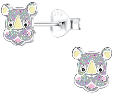Joy|S - Zilveren neushoorn oorbellen - grijs met glitter - 6 mm - kinderoorbellen