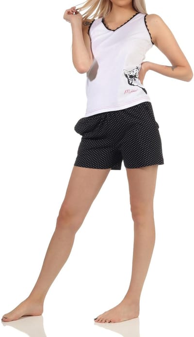 Dames onderarm shirt shorty pyjama tank top met kat motief, broek in polka dot look