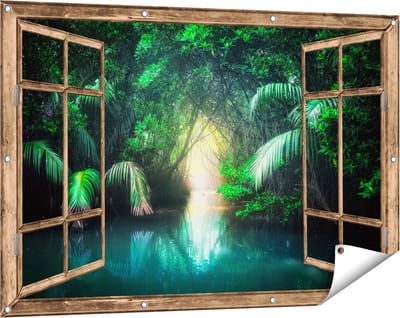 Gards Tuinposter Doorkijk Tropische Jungle met een Turquoise Meer - 120x80 cm - Tuindoek - Tuindecoratie - Wanddecoratie buiten - Tuinschilderij