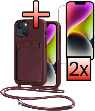 Hoes Geschikt voor iPhone 13 Hoesje Pasjeshouder Cover Met Koord Case Siliconen Hoes Met Telefoonkoord en Kaarthouder Met 2x Screenprotector - Aubergine