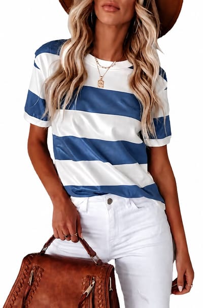 Modieus T-shirt dames - Zomer - Blauw wit gestreept - Ronde hals - Korte mouw