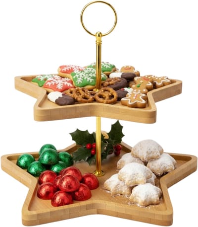 Lomera Kerst Etagere - 2 Lagen - Stervorm - Bamboe En Metaal - Kerst Serveerschaal - Decoratieve Etagere - Feestelijke Presentatie - Kerstdecoratie - Etagere Voor Hapjes - Etagere Voor Desserts - Veelzijdig Gebruik - Kerst Servies