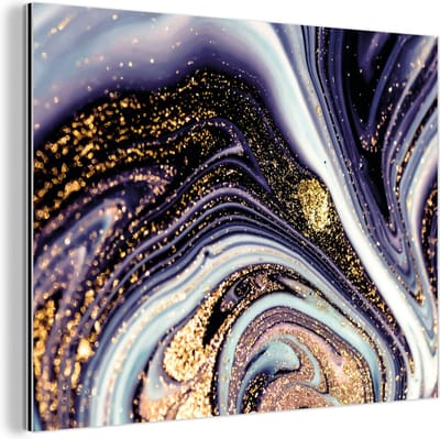 Wanddecoratie Metaal - Aluminium Schilderij Industrieel - Marmer - Paars - Luxe - Marmerlook - Glitter - 80x60 cm - Dibond - Foto op aluminium - Industriële muurdecoratie - Voor de woonkamer/slaapkamer
