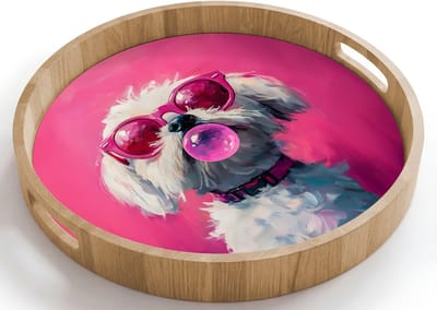 Dienblad rond 40x40 cm - Schootdienblad hout - Pink - Hond - Bubbel - Borrelplank rechthoek - Plateau houten dienbladen