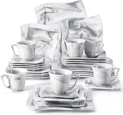 Luxe Serviesset – 30 delig – 6 persoons – Porselein - Bordenset – Dinner platen – Dessertborden - Kommen - Mokken - Schaaltjes - Grijs