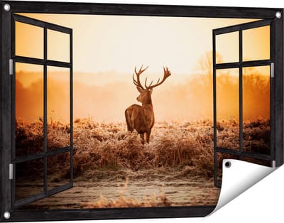 Gards Tuinposter Doorkijk Hert in de Wei tijdens de Zonsopkomst - 90x60 cm - Tuindoek - Tuindecoratie - Wanddecoratie buiten - Tuinschilderij