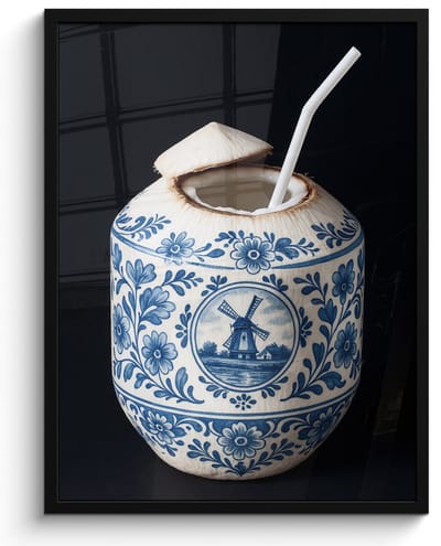 Poster in lijst - Fotolijst 50x70 cm - Posters - Kokosnoot - Eten - Delfts blauw - Drinken - Posterlijst zwart - Decoratie - Wanddecoratie woonkamer - Muurdecoratie slaapkamer
