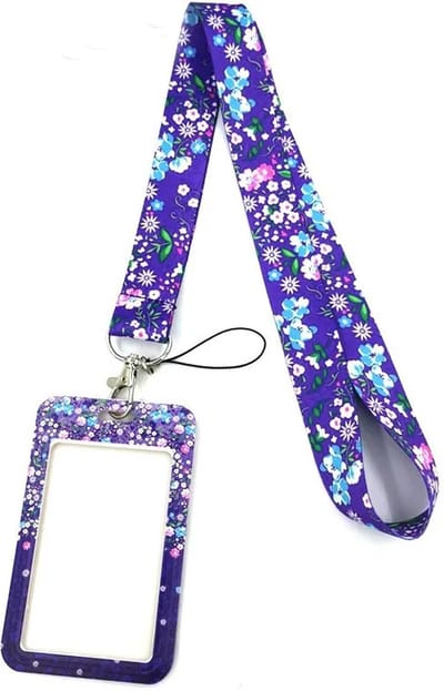 Travel Cords© - pashouder met keycord paarse bloemen - uitschuifbaar - sleutels en passen - telefoonkoord