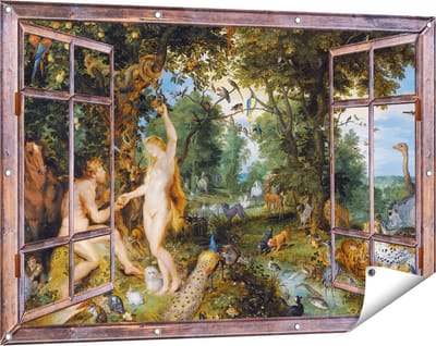 Gards Tuinposter Doorkijk Het Aardse Paradijs met de Zondeval van Adam en Eva - Jan Brueghel - 120x80 cm - Tuindoek - Tuindecoratie - Wanddecoratie buiten - Tuinschilderij