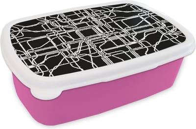 Broodtrommel Roze - Lunchbox - Brooddoos - Netwerk - Patronen - Zwart Wit - Computer - 18x12x6 cm - Kinderen - Meisje