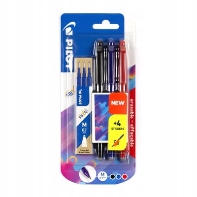 PILOT FriXion Ball 0,7: 3 Kleuren Pennen + 3 Vullingen + Stickers