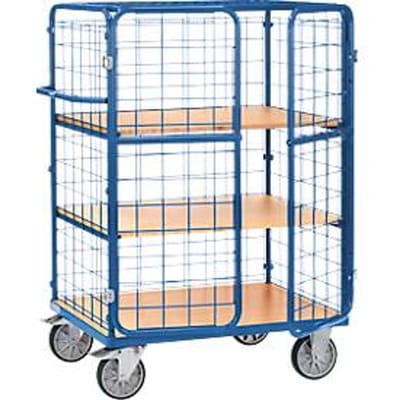Fetra 8483-3DE gaaswerkwagen, tot 600 kg, afsluitbare vleugeldeur met dak, 3 etages met houten legborden, laadoppervlak L 1200 x B 800 mm, TPE-banden