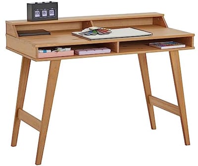 Bureau met 2 open vakken van massief grenenhout in bruin, stijlen computertafel met conische poten