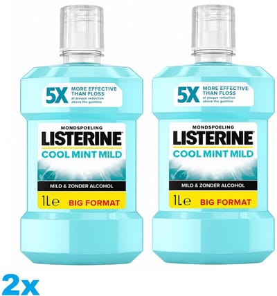 Listerine Cool Mint Mild Mondwater – 2 x 1 Liter – Alcoholvrij – Milde Mondspoeling – 2 Stuks