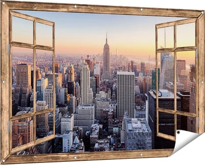 Gards Tuinposter Doorkijk New York Skyline met Wolkenkrabbers - 150x100 cm - Tuindoek - Tuindecoratie - Wanddecoratie buiten - Tuinschilderij