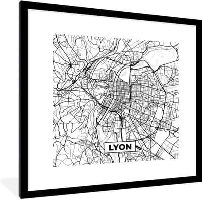 Fotolijst incl. Poster Zwart Wit- Lyon - Stadskaart - Frankrijk - Kaart - Plattegrond - Zwart wit - 40x40 cm - Posterlijst