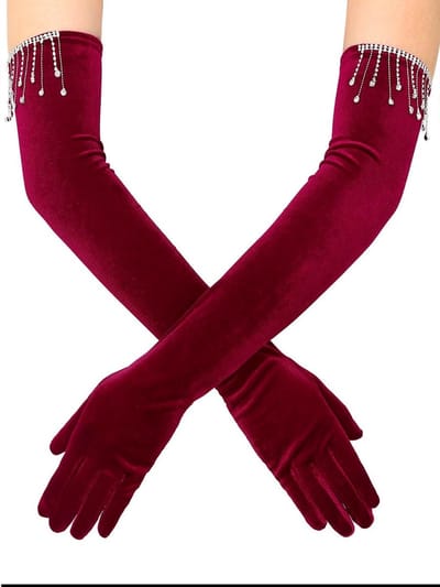 Elegante Lange Fluwelen Vrouwenhandschoenen met Zwarte Kwastjes en Strass voor Feest, Opera en Bruiloft