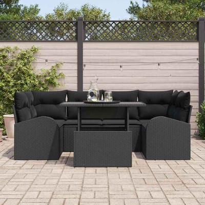 vidaXL Tuinbank Set met kussen met opslag 7 pcs Zwart Poly Riet