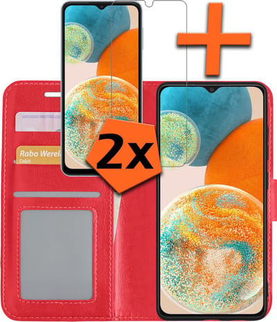 Hoes - Met 2x Screenprotector - Geschikt voor Samsung Galaxy A23 - Luxe Pasjeshouder - Bookcase Portemonee - Flip Case - Kunstleer Book Case - Flipcase Hoes - Book Cover - Walletcase - PortemonneeHoes - Rood