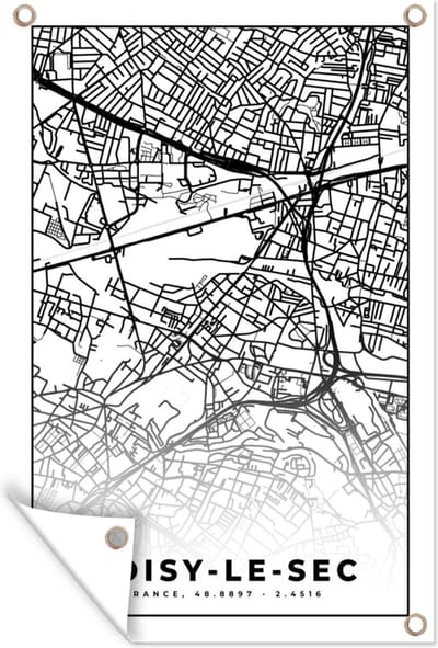 Muurdecoratie Stadskaart - Noisy-le-Sec - Plattegrond - Kaart - Frankrijk - Zwart wit - 120x180 cm - Tuinposter - Tuindoek
