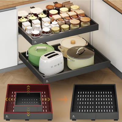 W&Z Schuiflade keukenkast – Keukenkast Organizer – Gootsteenkast/Lade Organizer - binnenlade keuken – Uittrekbaar - Breedte Verstelbaar (29-48 cm) – Diepte verstelbaar (41.5 - 55cm) Telescopisch – Zonder boren - Zwart - Schuif lade