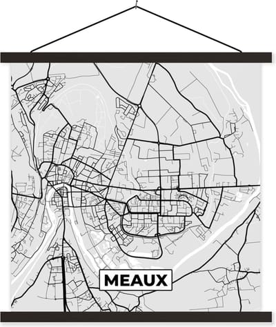 Posterhanger incl. Poster 60x60 cm - Schoolplaat - Meaux - Plattegrond - Frankrijk - Kaart - Stadskaart - Textielposter - Zwarte latten - Stadskaart