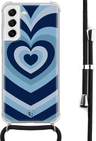 Hoesje met koord geschikt voor Samsung Galaxy S21 FE - Hart blauw - Inclusief koord - Crossbody beschermhoes - Transparant, Blauw - ELLECHIQ
