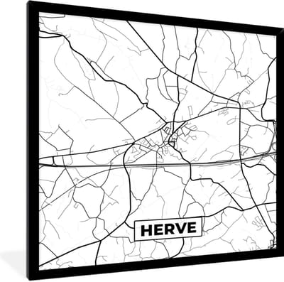 Fotolijst incl. Poster Zwart Wit- Zwart Wit – België – Plattegrond – Stadskaart – Kaart – Herve - 40x40 cm - Posterlijst