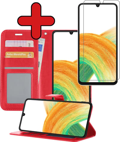 Hoesje - Met Screenprotector - Geschikt voor Samsung Galaxy A33 - Luxe Pasjeshouder - Flipcase - Bookcase Portemonee - Flip Case - Kunstleer Book Case - Book Cover - Walletcase - Portemonneehoes - Telefoonhoes - Rood