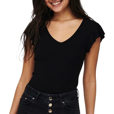 Only zwarte dames t-shirt   V-hals   Slim Fit   Rib patroon   Kap mouw Zwart XL