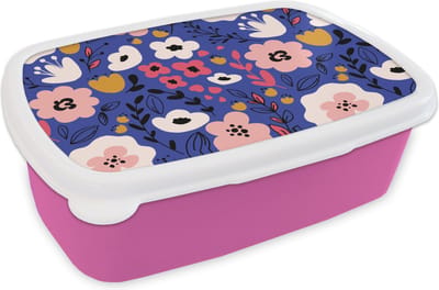 Broodtrommel Roze - Lunchbox - Brooddoos - Bloemen - Bladeren - Patronen - 18x12x6 cm - Kinderen - Meisje