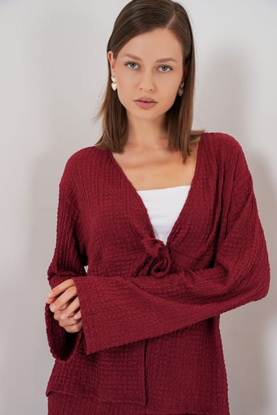 Textuur V-hals Langsluiting Top & Flared Broek Twee-Delige Set