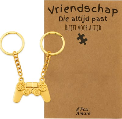 BFF Sleutelhanger voor 2 'Vriendschap die altijd past' - Controller - Sleutelhanger set op Cadeau Kaartje - Goudkleurig - Vriendschap Symbool - Pax Amare