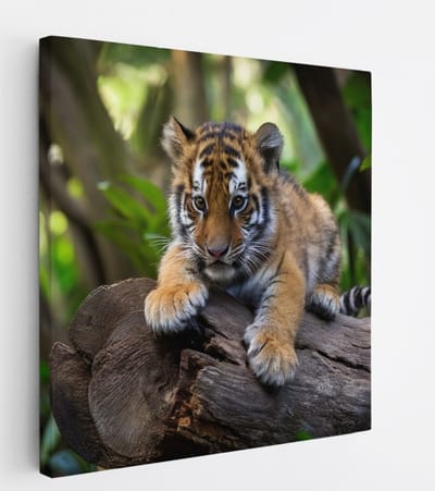 Saammp Canvas Schilderij - Tijger welp op stronk - Natuur - Dieren - 20x20 - Foto op canvas - Wanddecoratie - muurdecoratie Woonkamer - Slaapkamer decoratie - Canvas Print