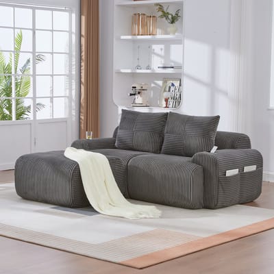 MODFU - 2-Zits Modulaire Bank - Met Bekerhouder En Opbergtas - Modern - Voor Woonkamer - Ribstof - Donkergrijs - 200 X 174 X 80 Cm