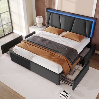 MIVRAY Gestoffeerd Bed 160x200 cm - Tweepersoonsbed Met Verstelbaar Hoofdbord En 4 Laden - Met Ledverlichting - Zonder Matras - Grijs