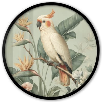 Poster in lijst Rond - Fotolijst 40x40 cm - Posters - Gele kuifkaketoe - paradijsvogelbloemen - Groen - Ronde posterlijst zwart - Decoratie - Wanddecoratie woonkamer - Muurdecoratie slaapkamer