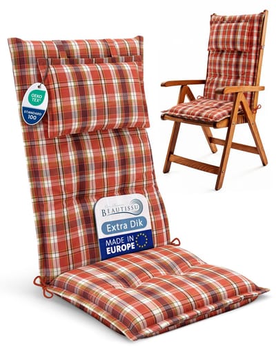 Beautissu Tuinkussen Hoge Rug Zitkussen 120x50cm HighLux HL – Set van 1 Stoelkussen voor Tuinstoelen 7cm dik Oranje-Rood-Groen Geruit – Made in EU