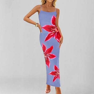 Nieuwe Lente Stijl Stijlvolle en Elegante Bedrukte Temperament Mouwloze Jurk met Spaghettibandjes S gray