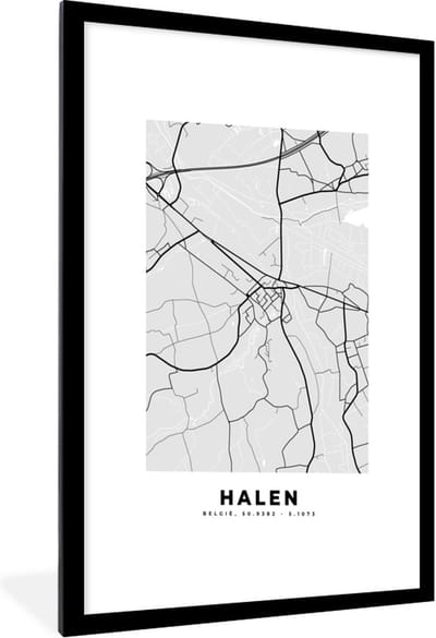 Fotolijst incl. Poster Zwart Wit- Zwart Wit – België – Plattegrond – Stadskaart – Kaart – Halen - 60x90 cm - Posterlijst
