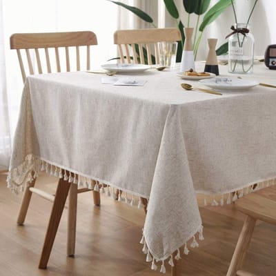 Katoenen Linnen Tafelkleed met Kwastjes in Effen Kleur - Stofbestendig en Krimpvrij Tafelbedekking voor Keuken, Eetkamer en Picknick (Beige, 140x220cm)