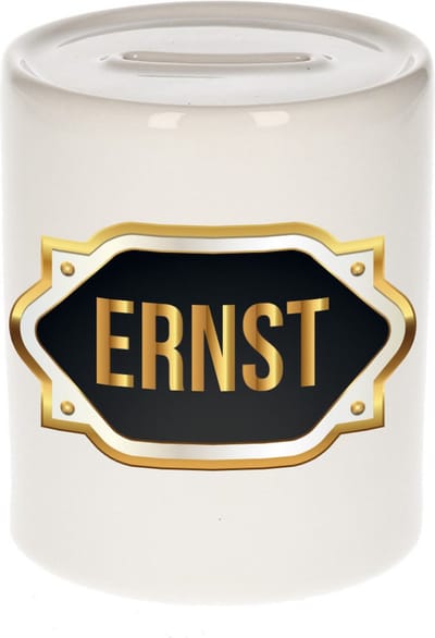 Spaarpot met voornaam Ernst - wit - met goud/zwart embleem - 8 x 9 cm - keramiek - met afsluitdop - cadeau verjaardag