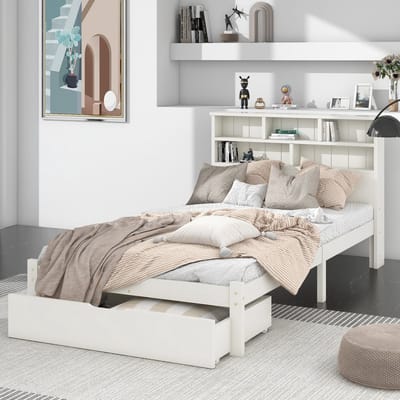 MODFU Bedframe 90x200 cm – wit massief hout – hoofdbord is een boekenkast met 6 vakken