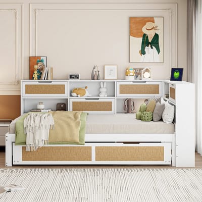 DESMIU Multifunctioneel Bed 90x200cm Met Matras – Uitklapbed Voor 2 Personen – Opbergvakken En Oplaadaansluitingen – Jeugdkamer En Logeerkamer – Massief Hout En Rotan – Wit