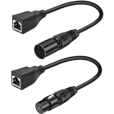 XLR 5-pins RJ45-adapterkabel - XLR 5-pins mannelijk naar RJ45 + XLR 5-pins vrouwelijk naar RJ45 vrouwelijk DMX Ethernet 30cm zwart