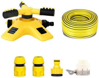 6-delige Roterende tuinsproeier - Gazonsproeier - Sproeier - Bewateringsapparaat - Irrigatiesysteem - 20,5*18*9 cm - 360° volledig automatische rotatie - Met 10 m waterslang - Geschikt voor tuinen, moestuinen, gazons, enz. - Geel, zwart