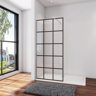 Douchewand-Inloopdouche 80x200cm met mat Zwart kader en raster 8mm NANO EasyClean veiligheidsglas F-Form 140cm Stabilisatiestang